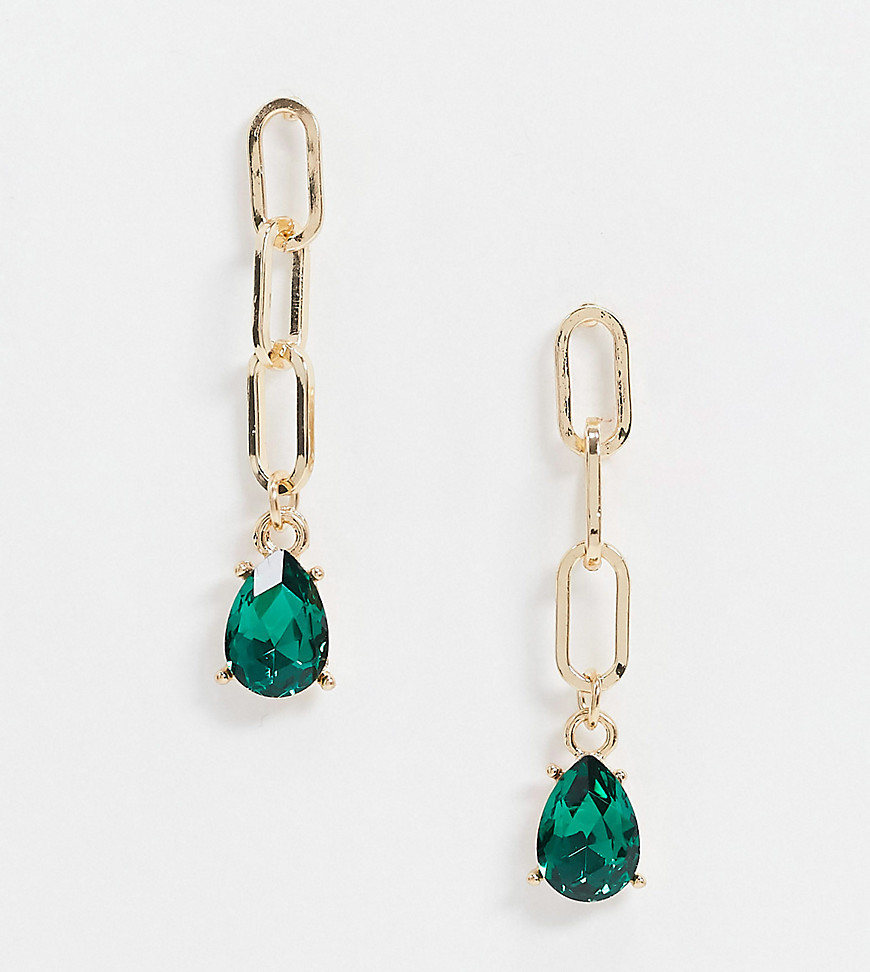 DesignB London Exclusive earrings with chain link and green gem-Gold