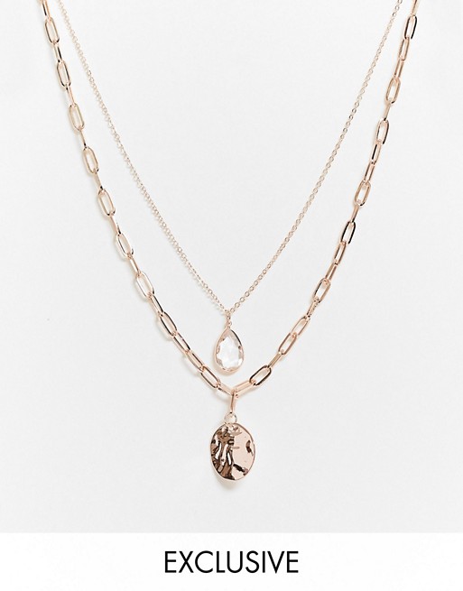 DesignB London Exclusive multirow necklace with coin and pendant in rose gold