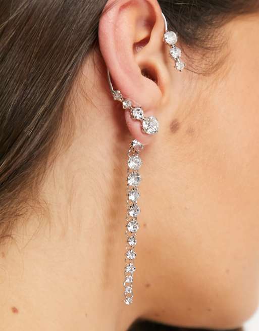 DesignB London Exclusive rhinestone ear cuff in silver