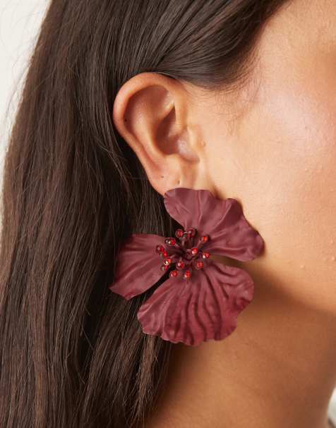 DesignB London fabric flower earrings in burgundy - view 1