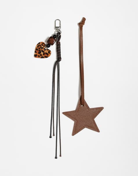 DesignB London faux leather star and heart bag charm in neutral animal print - view 1