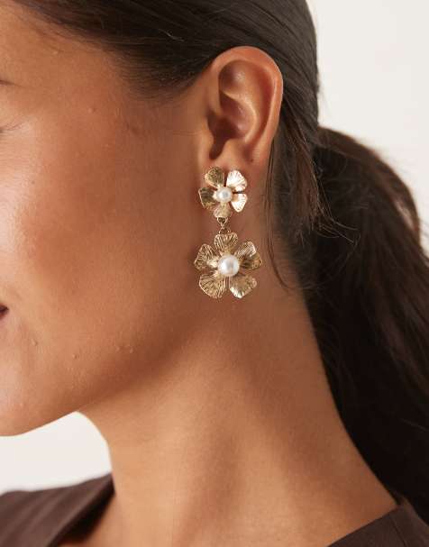 DesignB London faux pearl and flower drop earrings in gold tone - view 1