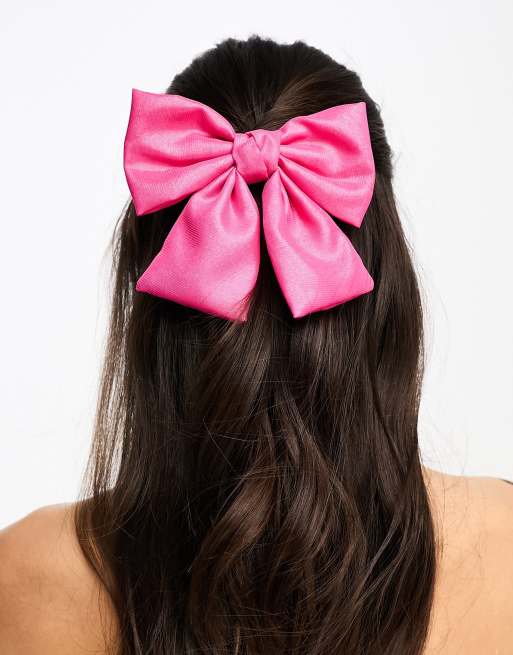 DesignB London - Fermaglio per capelli in raso a forma di fiocco rosa acceso