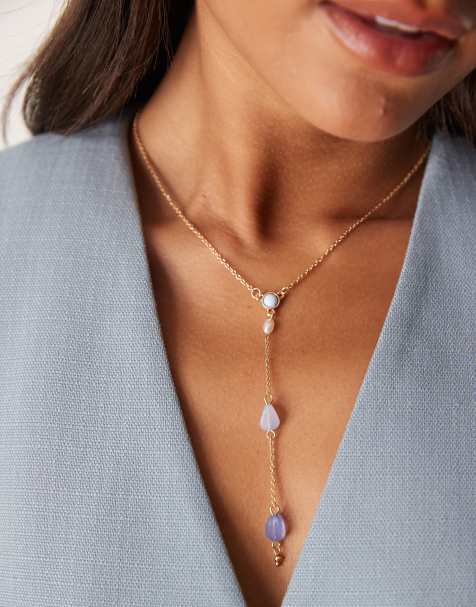 DesignB London fine lariat necklace with blue stones in gold - view 1