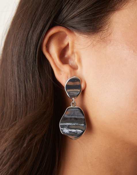 DesignB London flat molten drop stud earrings in silver - view 1