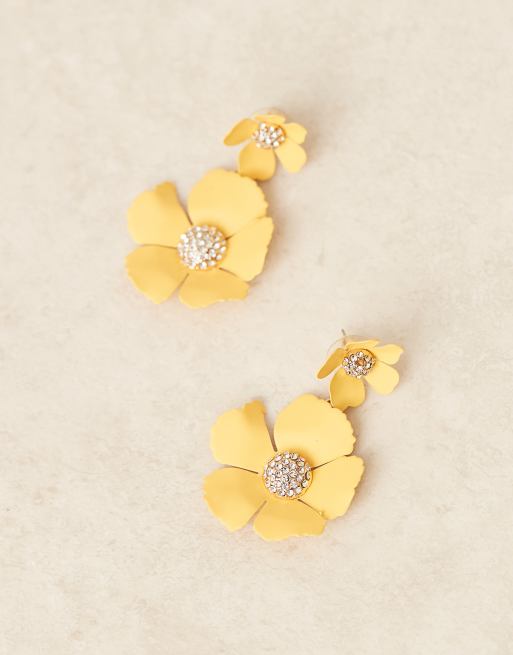 DesignB London flower drop statement earrings in yellow, 3 of 3