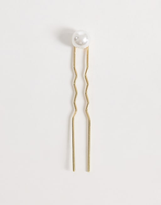 DesignB London - Forcina per capelli metallizzata color oro con perla