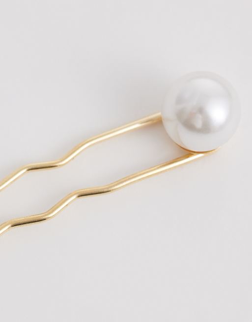 DesignB London – Französische Haarnadel in Metallic-Gold mit Perlendetail, 2 von 3