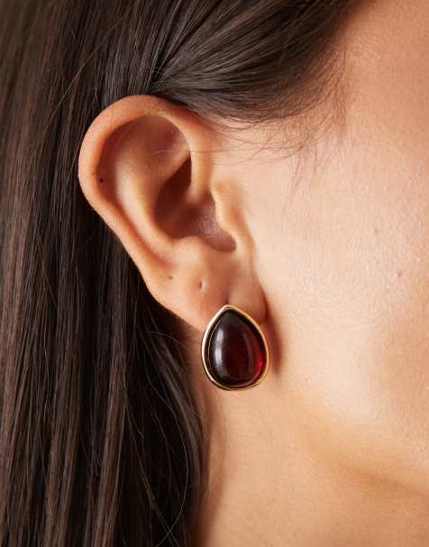 DesignB London gem stone stud earrings in red and gold - view 1