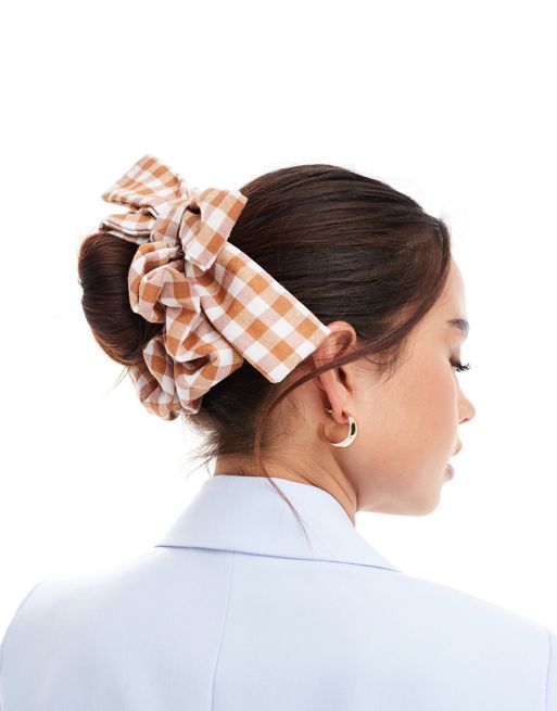 DesignB London gingham bow hair scrunchie in rust  