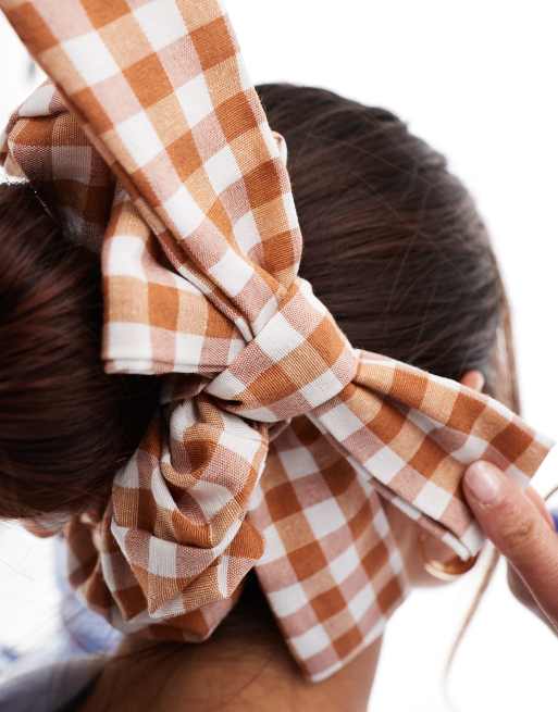 DesignB London gingham bow hair scrunchie in rust ASOS