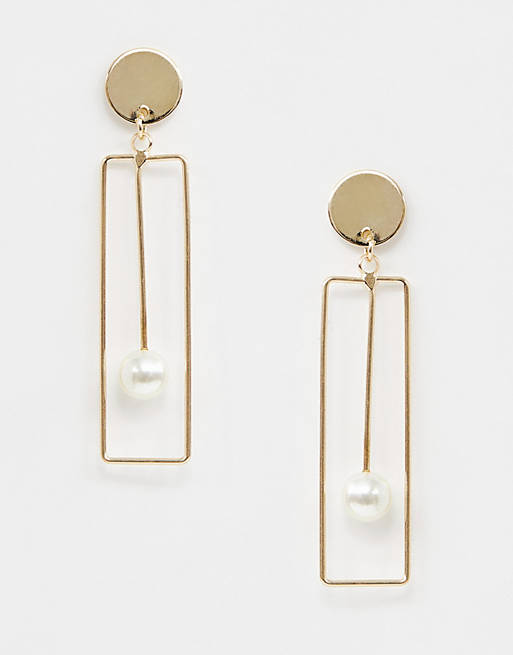 DesignB London gold rectangle pearl drop earrings