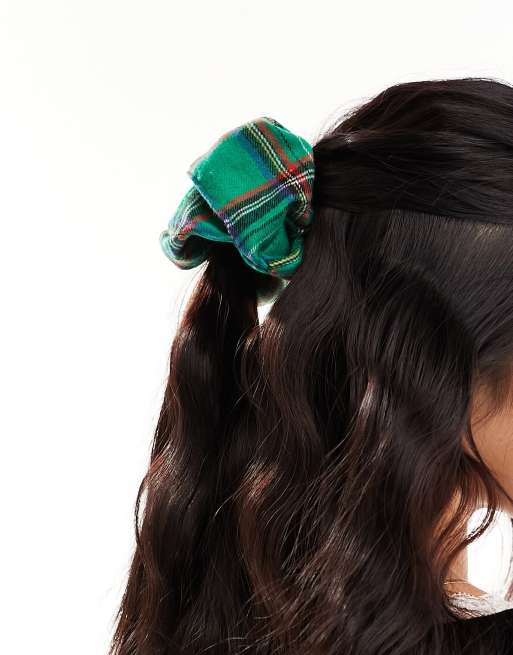 DesignB London green tartan hair oversized scrunchie