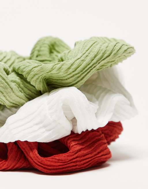 DesignB London – Gröna, röda och vita hårsnoddar med plissering, 3-pack  , 3 av 4