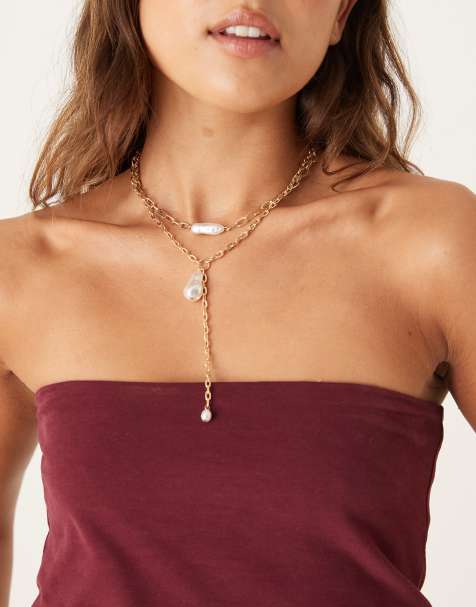 DesignB London – Guldfärgat lariat-halsband med flera rader och pärlor - view 1