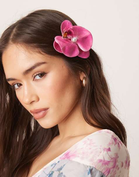 DesignB London - Haarspeld met exotische stoffen bloem in paars - view 1