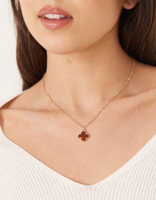 DesignB London - Halskette in Dunkelbraun mit Kleeblatt-Anhänger-Brown