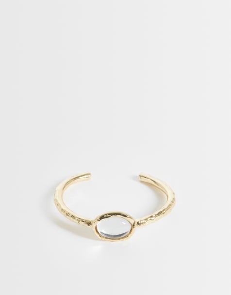 DesignB London hammered cuff bracelet with clear crystal detail in gold - view 1