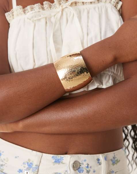 DesignB London hammered open cuff bangle in gold tone - view 1