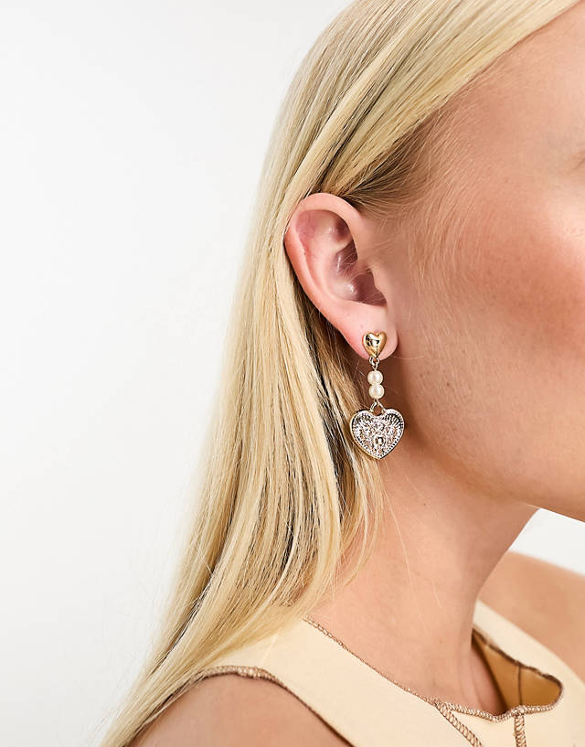 DesignB London - heart drop earrings with pearl detail in gold
