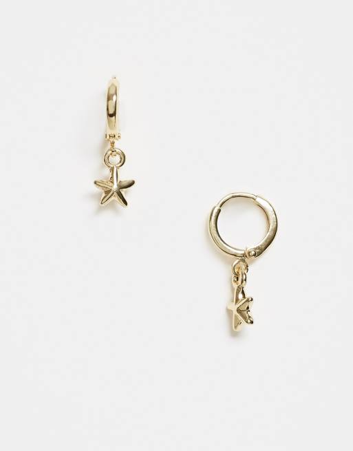 DesignB London huggie hoop earrings with starfish drop in gold | ASOS