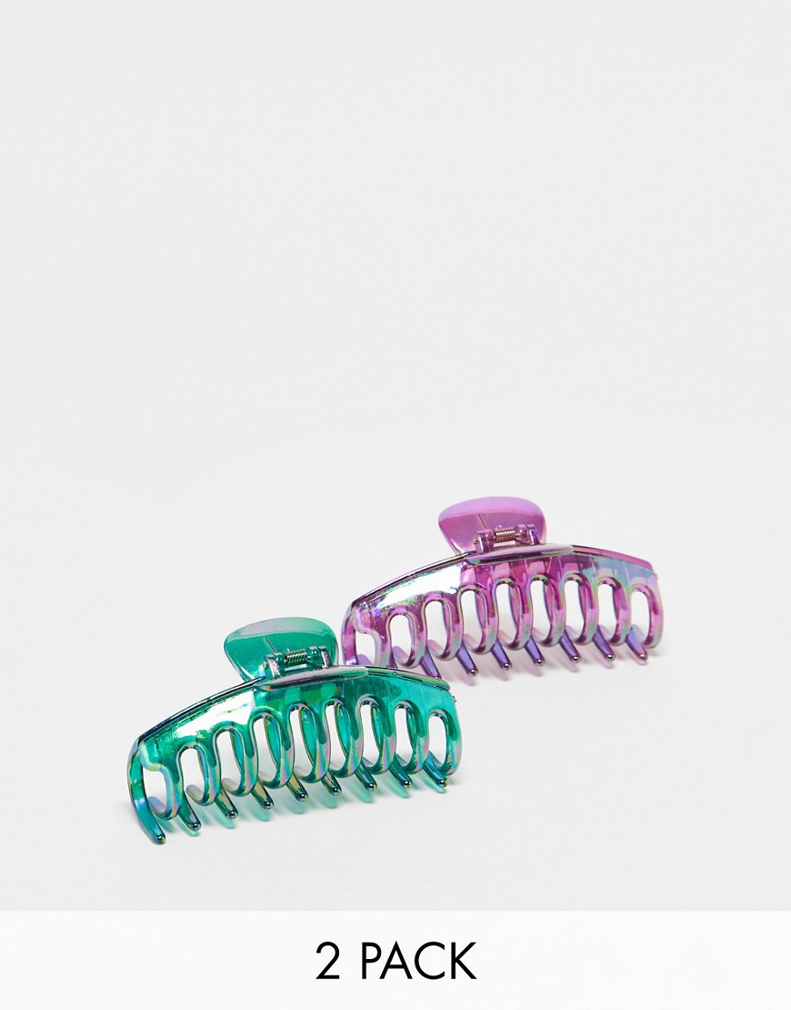 DesignB London iridescent 2 pack of hair claws in purple and green-Multi