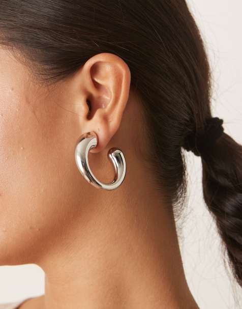 DesignB London irregular chunky hoop earrings in silver tone - view 1