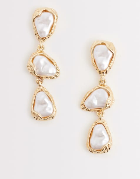 DesignB London irregular pearl drop earrings in gold - view 1