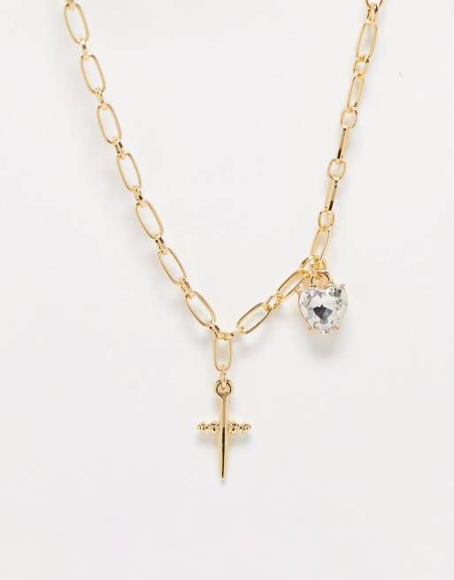 DesignB London - Ketting met kristal- en kruishangertje in goud 