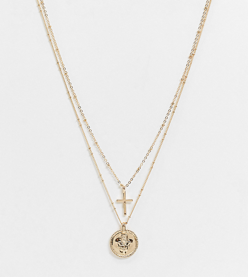 DesignB London – Kurvor – Guldfärgat halsband i flera rader med mynt- och korshängsmycke – Endast hos ASOS