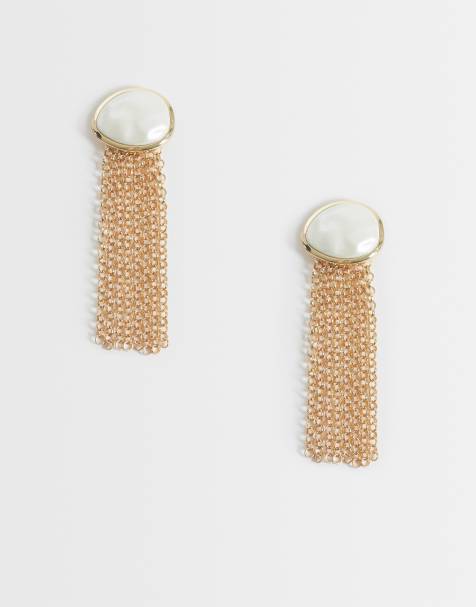 DesignB London large pearl chain drop earring in gold - view 1
