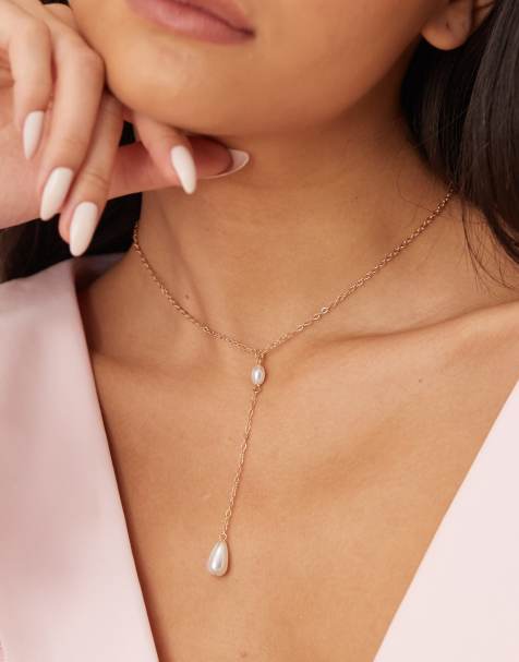 DesignB London - Lariat - Halsketting met imitatieparelhanger in goud - view 1