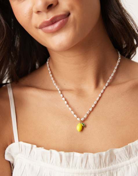 DesignB London lemon pendant pearl chain necklace in gold - view 1