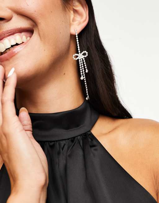 DesignB London long rhinestone earrings with bow detail in silver , 3 of 4