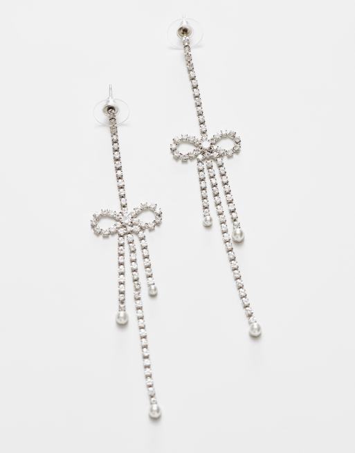 DesignB London long rhinestone earrings with bow detail in silver , 4 of 4