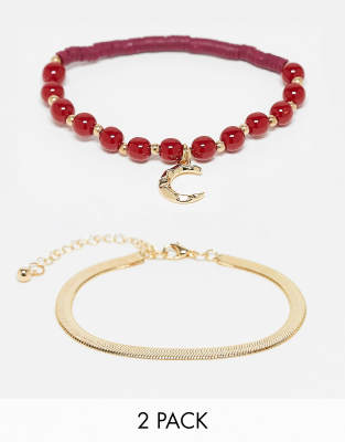 DesignB London pack of 2 flat chain and beaded bracelets in gold  - ASOS Price Checker