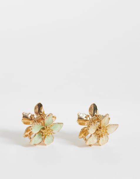 DesignB London - Lot de 2 pinces à cheveux fleur - Vert et crème - view 1