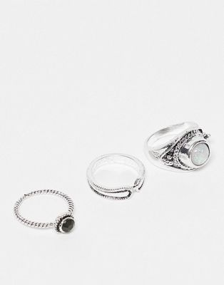DesignB London pack of 3 engraved rings with moonstone in silver tone - ASOS Price Checker