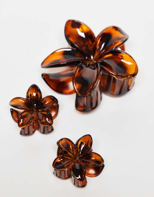 DesignB London - Lot de 3 pinces à cheveux fleur - Écaille de tortue marron, 2 de 3