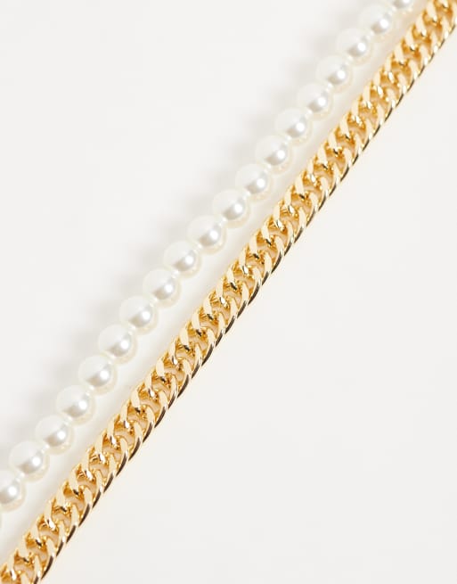 DesignB London lot de deux colliers chaîne à maillons entrelacés et perles, doré, 4 de 4