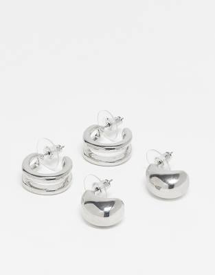 DesignB London - Lot de deux paires de créoles doubles et boucles d'oreilles goutte d'eau - Argenté