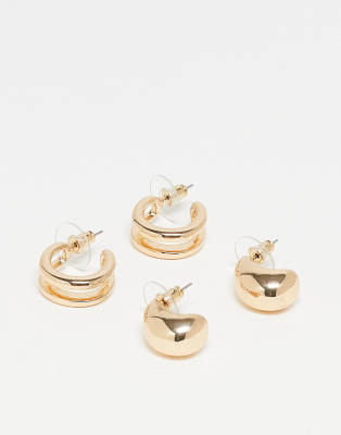 DesignB London - Mehrlagige Ohrringe mit Creolen- und Tropfendesign in Goldoptik im Zweierpack-Goldfarben