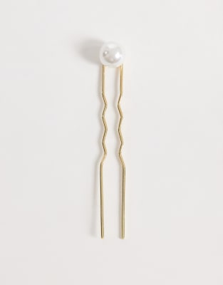 Designb London Metallic French Pin With Pearl Detail In Gold