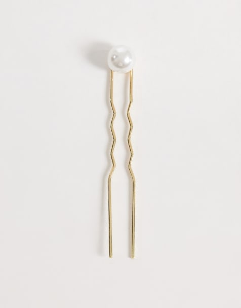 DesignB London metallic french pin with pearl detail in gold - view 1