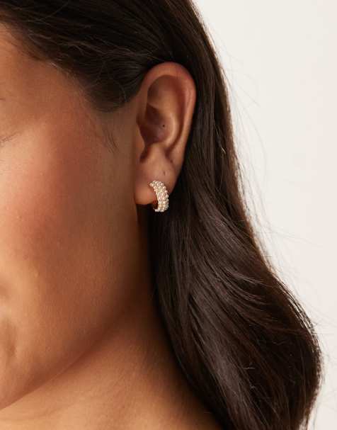 DesignB London mini hoop pearl embellished earrings in gold - view 1