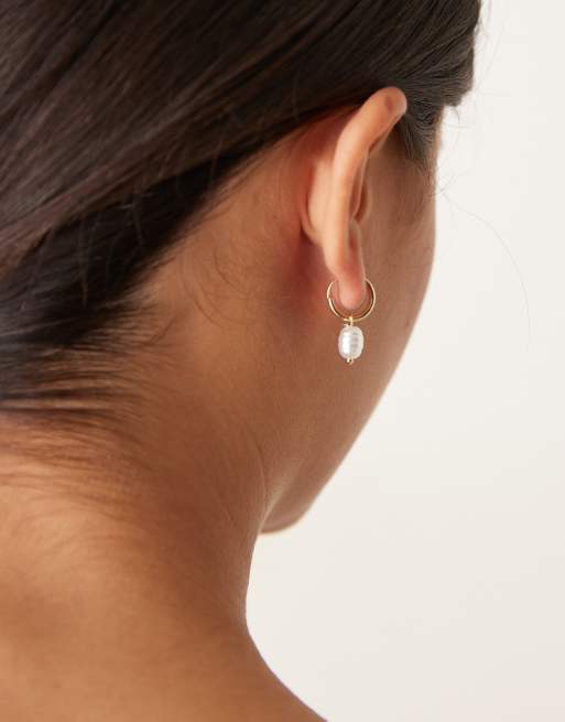 DesignB London mini huggie pearl drop hoop earrings in gold