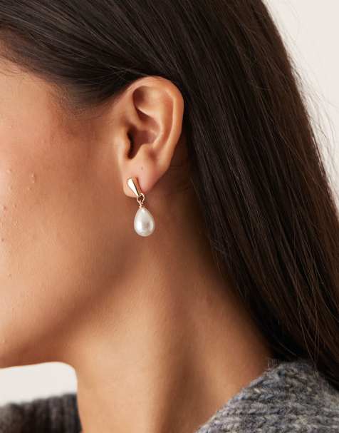 DesignB London minimal pearl drop earrings in gold - view 1