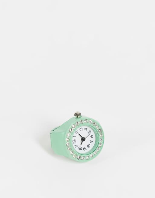 DesignB London - Mintgrøn ring med ur og rhinsten