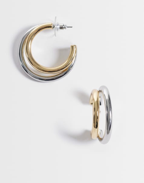 DesignB London mixed metal double tube hoop earrings in silver and gold - view 1