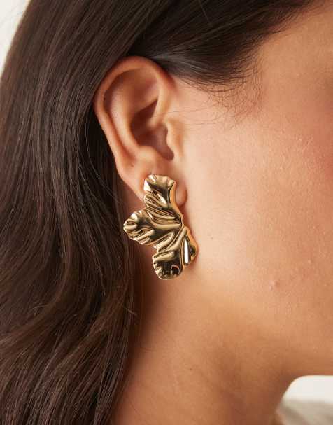 DesignB London molten flower petal stud earrings in gold - view 1